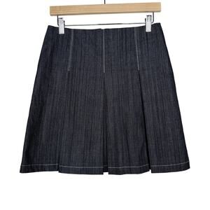 Anna Sui Size 6 Dark Denim Wash Wide Pleated Skirt Cotton Stretch Zippered